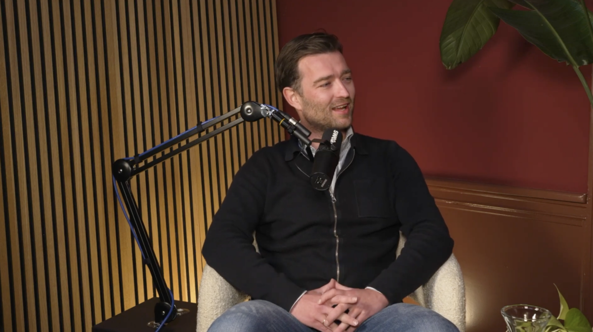 Wouter van Haaften in a chair talking at the Sweav Podcast as a guest